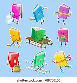 Humanized, childish books characters with smiling faces, book stickers in different poses and situations cartoon vector Illustrations