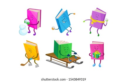 Humanized colored books in mittens in the winter. Vector illustration.