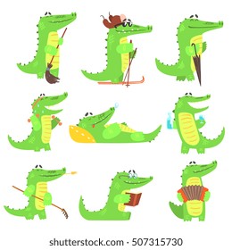 Humanized Crocodile Character Every Day Activities Set Of Illustrations