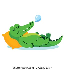 Cocodrilo humanizado que duerme con la Ilustración vectorial de la almohada ideal para el carácter verde del reptil, la actividad diaria, el diseño creativo temático de la historieta o de la vida silvestre