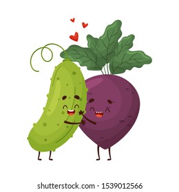 Humanized cucumber and beetroot hug. Vector illustration.