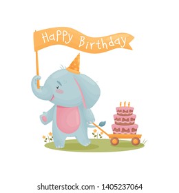 Humanized cute baby elephant carries a flag that says "Happy Birthday." Vector illustration on white background.