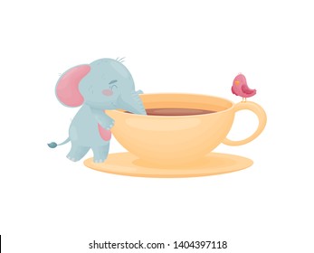 Humanized cute baby elephant drinks tea from a huge cup. Vector illustration on white background.