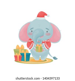 Humanized Cute Baby Elephant Holding A Gift In His Hands. Vector Illustration On White Background.