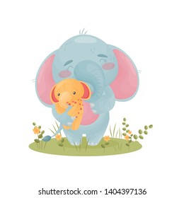Humanized cute baby elephant is holding a soft toy. Vector illustration on white background.