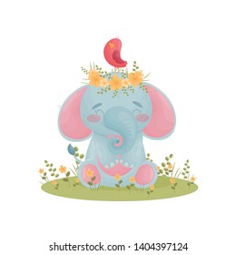 Humanized cute baby elephant sits with a wreath of flowers on his head. Vector illustration on white background.