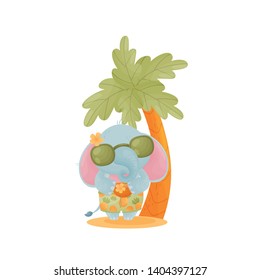 Humanized cute little elephant in sunglasses stands near the palm tree. Vector illustration on white background.