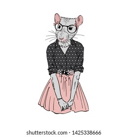 Humanized cute rat woman hipster dressed up in pink skirt, dotty shirt and glasses. Hand drawn vector illustration. Furry art image. Anthropomorphic animal.