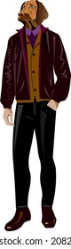 Humanized  dog dressed up in modern city outfits. Design for dogs lovers. Fashion anthropomorphic doggy vector illustration. Animal wear leather jacket jumper boots 