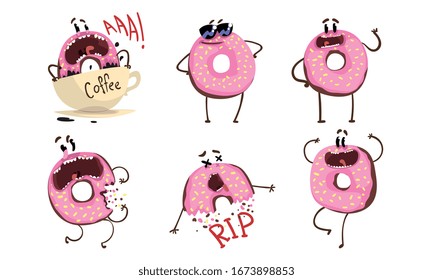 Humanized Donuts Cartoon Characters Collection, Funny Doughnuts with Funny Faces Vector Illustration