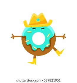 Humanized Doughnut With Blue Glazing And Cowboy Hat Cartoon Character With Arms And Legs