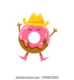 Humanized Doughnut With Pink Glazing And Cowboy Hat Cartoon Character With Arms And Legs
