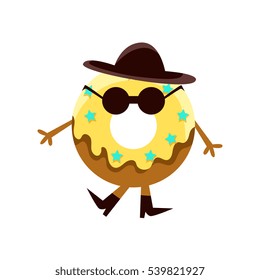 Humanized Doughnut With Yellow Glazing And Black Hat Cartoon Character With Arms And Legs