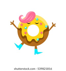 Humanized Doughnut With Yellow Glazing And Pink Hair Cartoon Character With Arms And Legs