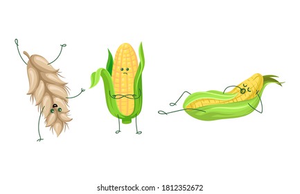 Humanized Ears of Wheat Somersaulting and Corncob Yawning Vector Set
