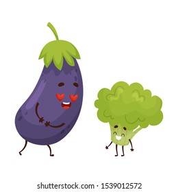 Humanized eggplant in love with broccoli. Vector illustration.