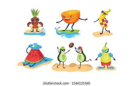 Humanized exotic fruits go in for sports. Vector illustration on a white background.
