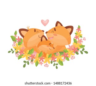 Humanized family of foxes cuddling among flowers. Vector illustration on a white background.
