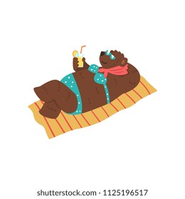 Humanized female bear character in swimsuit lying on beach towel with cocktail in her hands cartoon vector Illustration on a white background