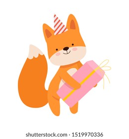 Humanized fox with a gift. Vector illustration on a white background.