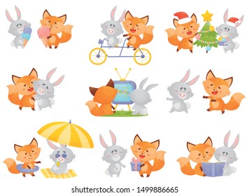 Humanized fox and hare in different situations together. Vector illustration on a white background.
