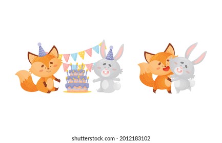 Humanized Fox and Hare Engaged in Different Activity Celebrating Birthday and Dancing Vector Set