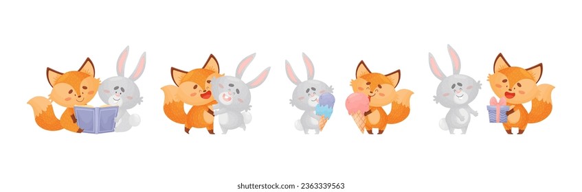Humanized Fox and Hare Engaged in Different Activity Vector Set