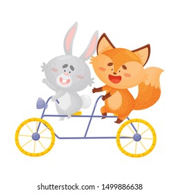 Humanized fox and hare ride a bicycle. Vector illustration on a white background.