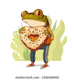 Humanized frog holding a heart-shape donut. Anthropomorphic frog. Love symbol. Vector illustration. Valentine's day greeting card, poster, banner, social media post. Animal character with human body.