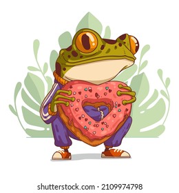 Humanized frog holding a heart-shape donut. Anthropomorphic frog. Love symbol. Vector illustration. Valentine's day greeting card, poster, banner, social media post. Animal character with human body.