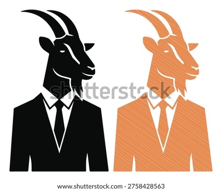 Humanized goat wearing formal office attire, suit and necktie portrait, black and orange
