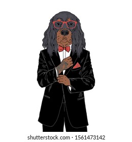 Humanized Gordon Setter breed dog with tattoo dressed up in classy outfits. Design for dogs lovers. Fashion anthropomorphic doggy illustration. Animal wear tuxedo, tie bow, glasses. Hand drawn vector.