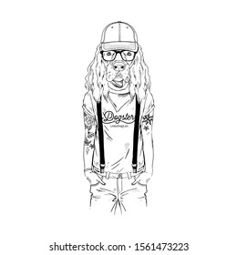 Humanized Gordon Setter breed dog with tattoo dressed up in modern city outfits. Design for dogs lovers. Fashion anthropomorphic doggy illustration. Animal wear t-shirt, jeans, cap, bandana, glasses