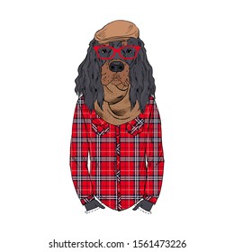 Humanized Gordon Setter breed dog dressed up in hipster city outfits. Design for dogs lovers. Fashion anthropomorphic doggy illustration. Animal wear plaid shirt, glasses, hat, scarf. Hand drawn