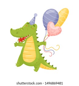 Humanized green crocodile with balloons. Vector illustration on a white background.