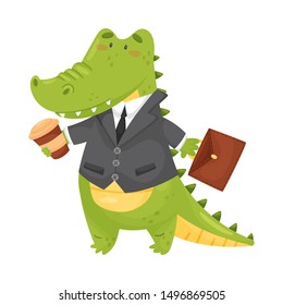 Humanized green crocodile in a black jacket. Vector illustration on a white background.