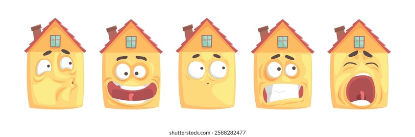 Humanized House Funny Building Character with Various Face Expression Vector Set