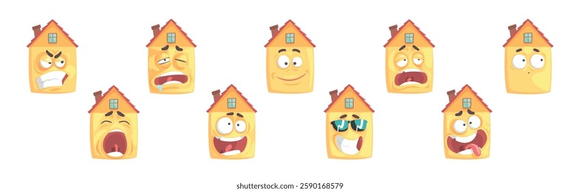 Humanized House Funny Building Character with Various Face Expression Vector Set
