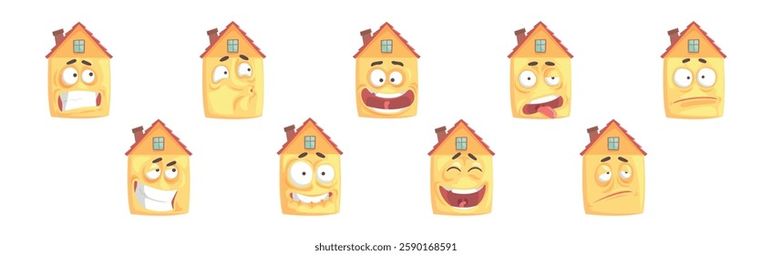 Humanized House Funny Building Character with Various Face Expression Vector Set