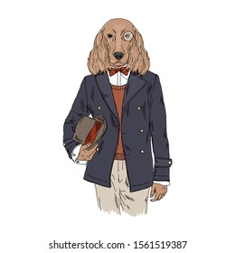 Humanized Irish Setter breed dog dressed up in vintage outfits. Design for dogs lovers. Fashion anthropomorphic doggy illustration. Animal wear coat, tie bow, monocle, bowler hat. Hand drawn vector.