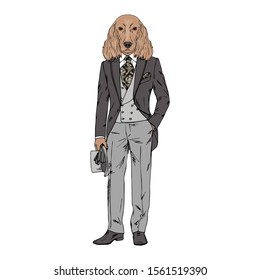 Humanized Irish Setter breed dog dressed up in vintage outfits. Design for dogs lovers. Fashion anthropomorphic doggy illustration. Animal wear suit, tie, bowler hat. Hand drawn vector.