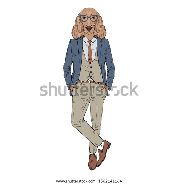 Humanized Irish\
Setter breed dog dressed up in retro outfits. Design for dogs\
lovers. Fashion anthropomorphic doggy illustration. Animal wear\
suit, tie, glasses. Hand drawn\
vector.