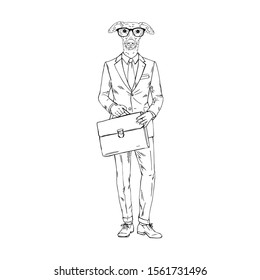 Humanized Italian Greyhound breed dog dressed up in office outfits. Design for dogs lovers. Fashion anthropomorphic doggy illustration. Animal wear suit, tie, glasses, bag. Hand drawn vector.