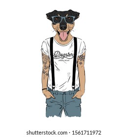 Humanized Jagdterrier, German hunting terrier breed dog with tattoo dressed up in modern city outfits. Design for dogs lovers. Fashion anthropomorphic doggy illustration. Animal wear t-shirt, jeans