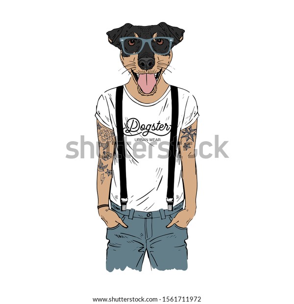 人間化したジャグテリア ドイツの猟師が 現代の街の服にタトゥーを入れた犬を育てます 犬好きのデザイン ファッションの神人同形説的な犬のイラスト 動物はtシャツを着てジーンズをはく のベクター画像素材 ロイヤリティフリー