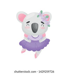 Humanized koala in ballerina dress. Vector illustration on white background.