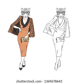 Humanized lady tigress hipster dressed up in classy chic style. Hand drawn vector illustration. Furry art image. Anthropomorphic animal.