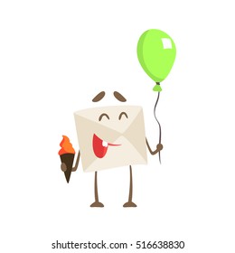 Humanized Letter Paper Envelop Holding Balloon And Ice-Cream Cartoon Character Emoji Illustration