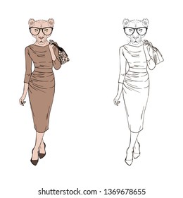 Humanized lioness lady hipster dressed up in classy dress. Hand drawn vector illustration. Furry art image. Anthropomorphic animal.