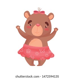 Humanized little bear girl stands with her arms raised. Vector illustration on white background.